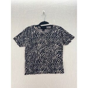 SILX - Silk Knit Zebra Print Short Sleeve Top - Black Tan - M - Womens